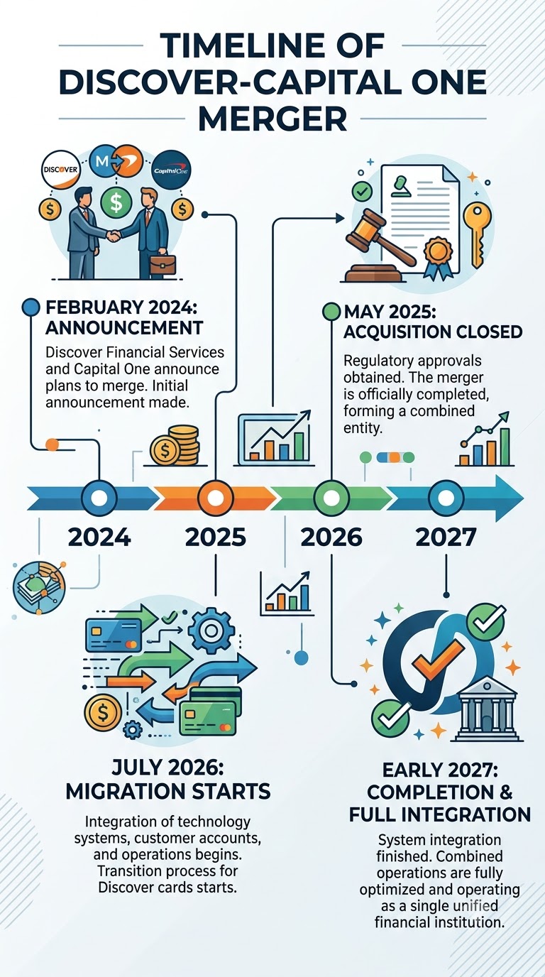 Discover to Capital One merger and migration timeline infographic