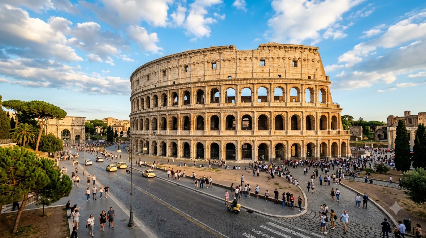 Ancient Roman Colosseum exterior with tourists in Rome Italy