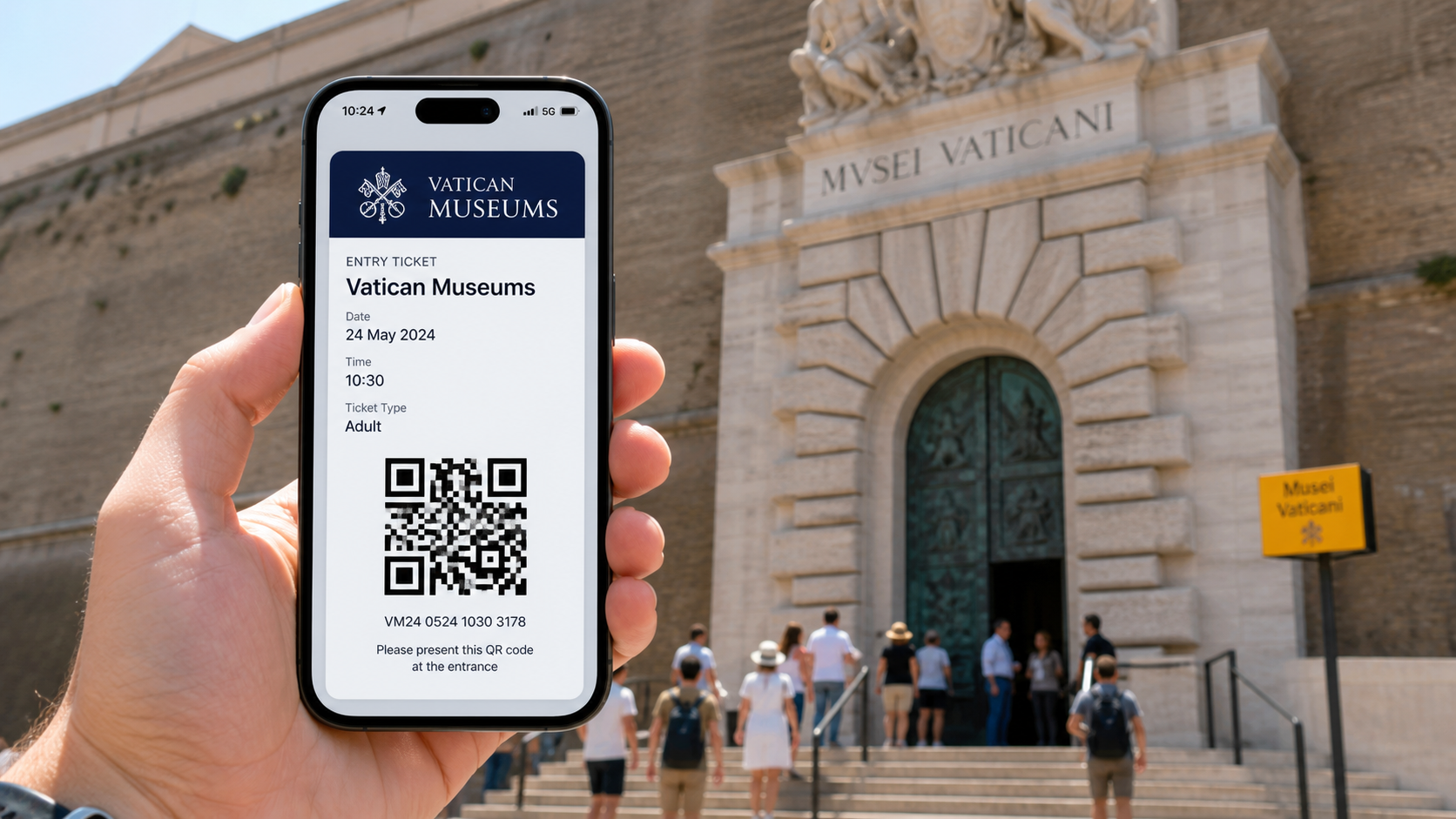 Close-up of a mobile Vatican skip-the-line QR code ticket held up at the museum entrance, ready to be scanned