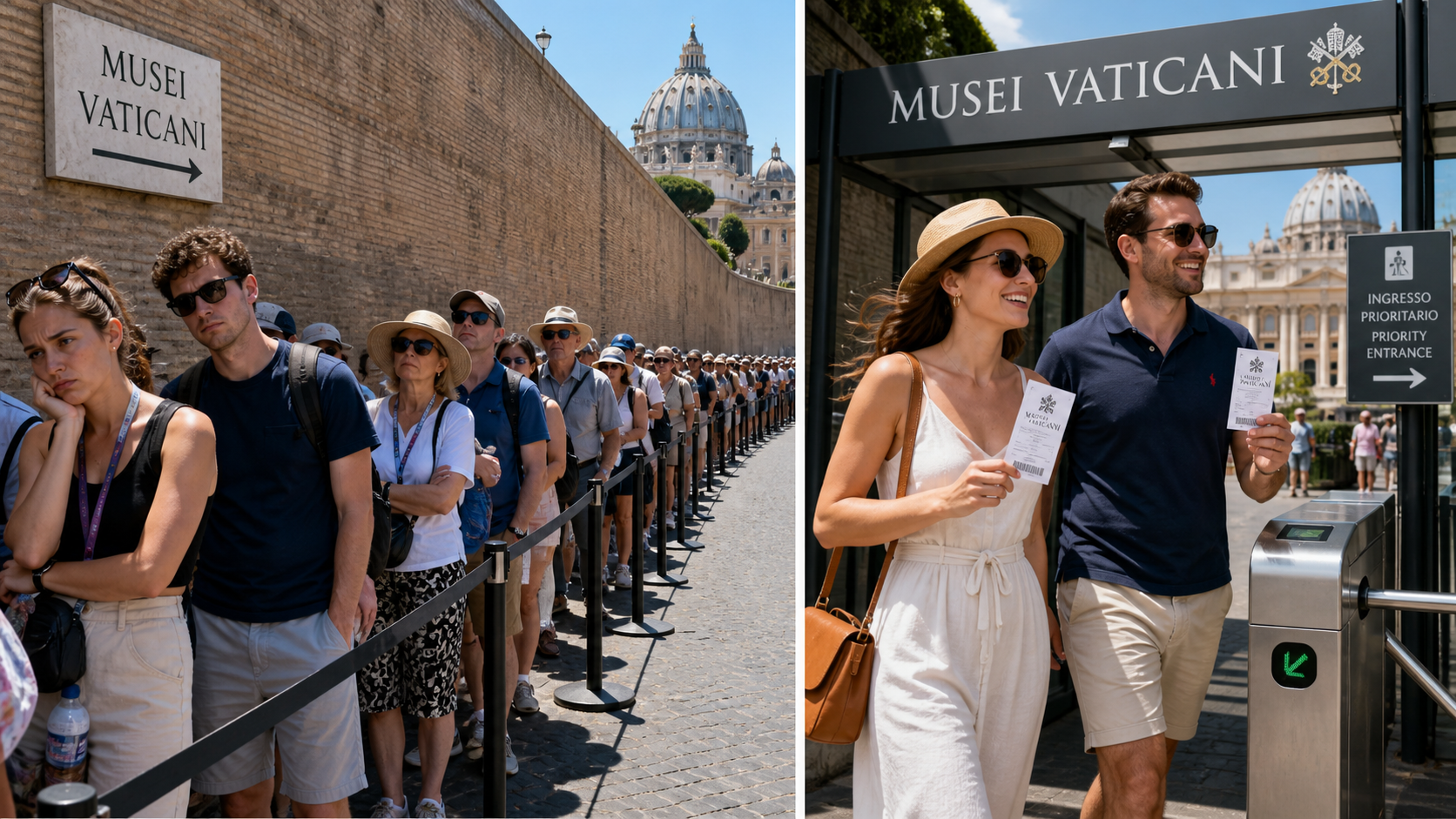 Comparison showing a long queue of tourists waiting outside the Vatican vs. a couple using skip-the-line tickets to enter immediately