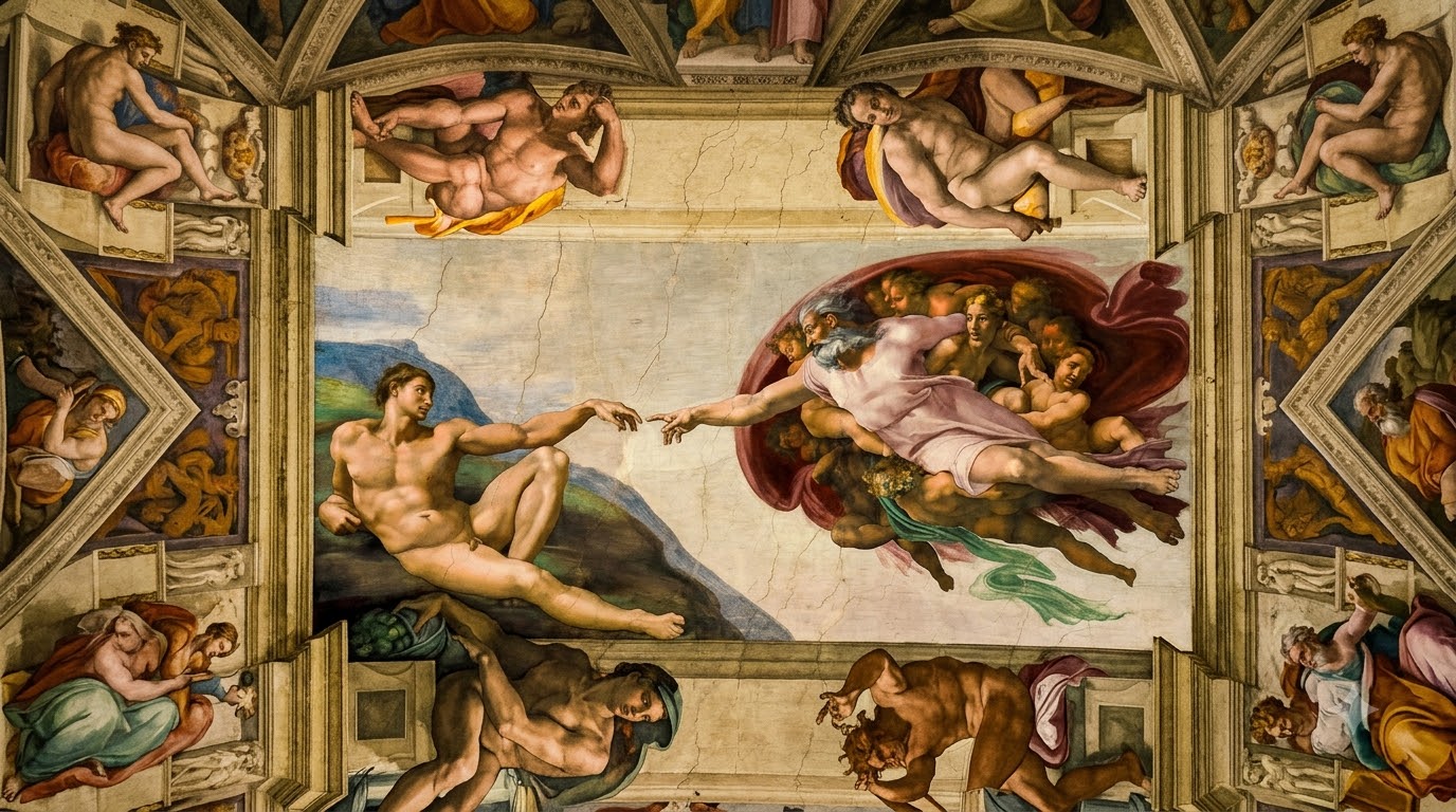 Michelangelo's Sistine Chapel ceiling fresco showing The Creation of Adam
