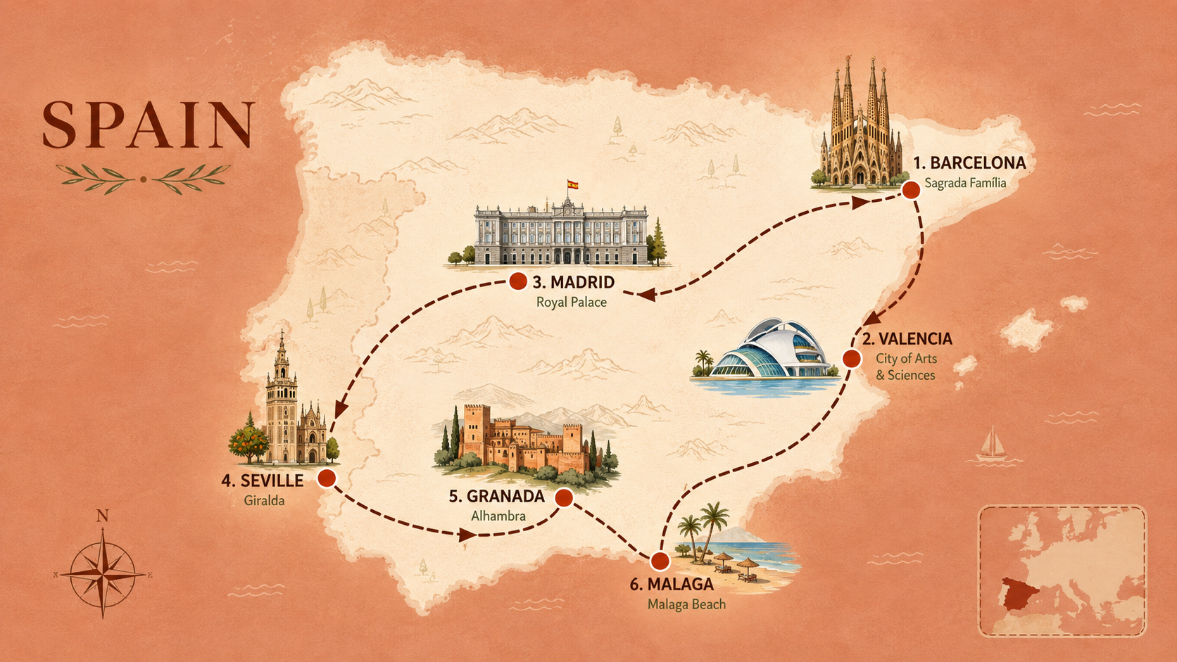 Spain travel itinerary 21 days route map with Barcelona, Valencia, Madrid, Seville, Granada, and Malaga connected in a loop.