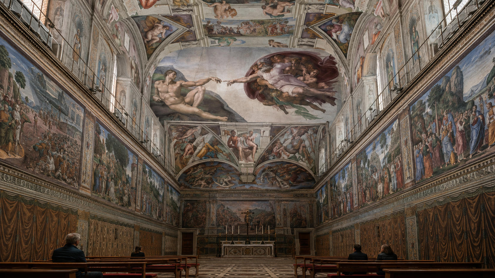 The Sistine Chapel ceiling with Michelangelo's frescoes, showing a quiet and uncrowded atmosphere inside.