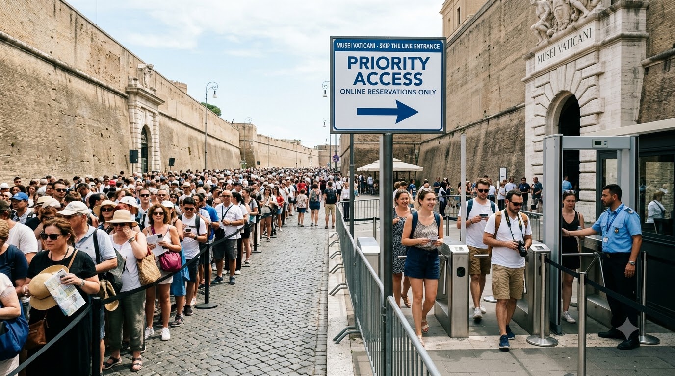 Tourists using skip the line fast track entrance at Vatican Museums