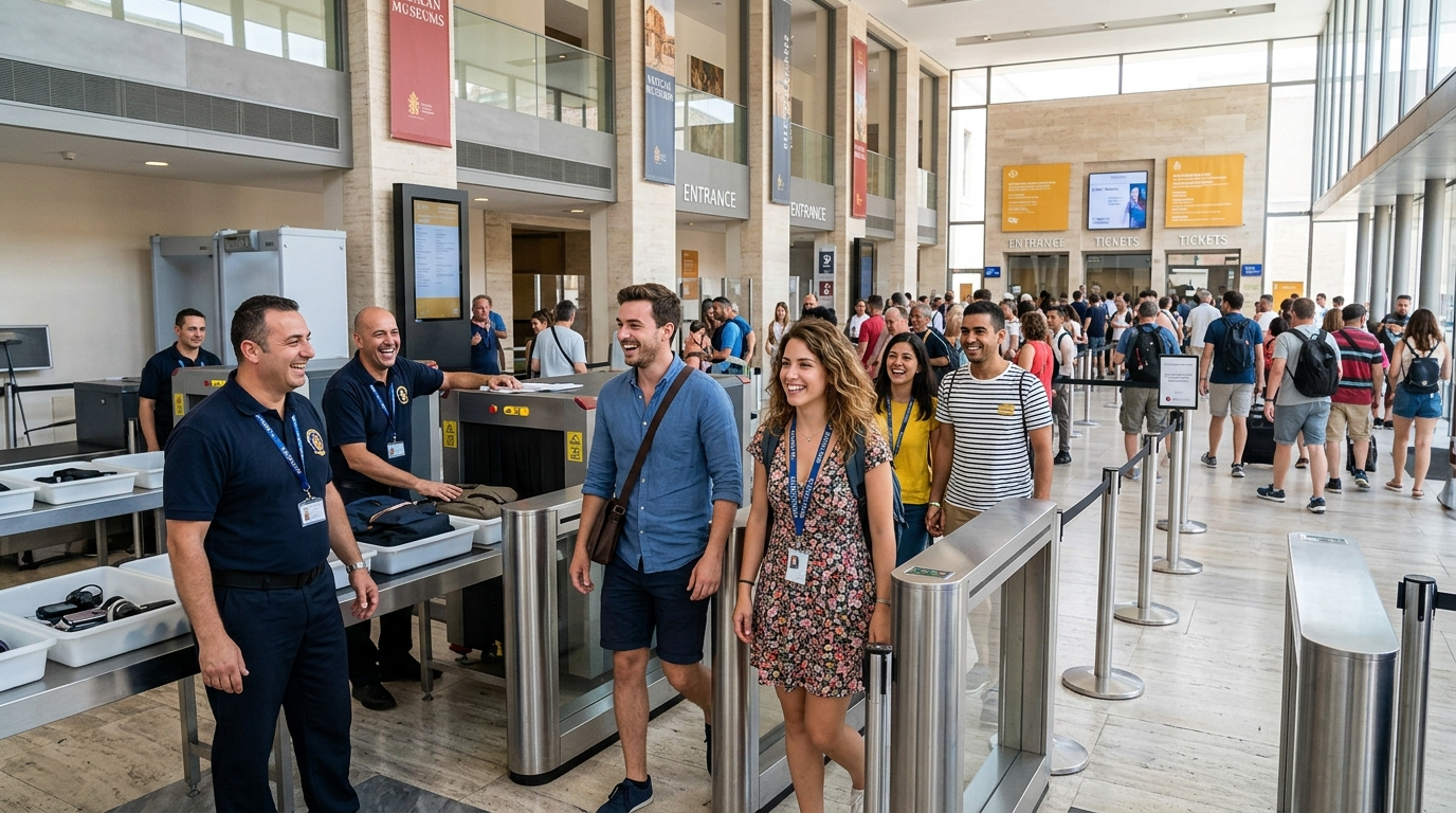 Tourists walking through the security check at the Vatican Museums entrance with a smile, highlighting an efficient and fast entry process.