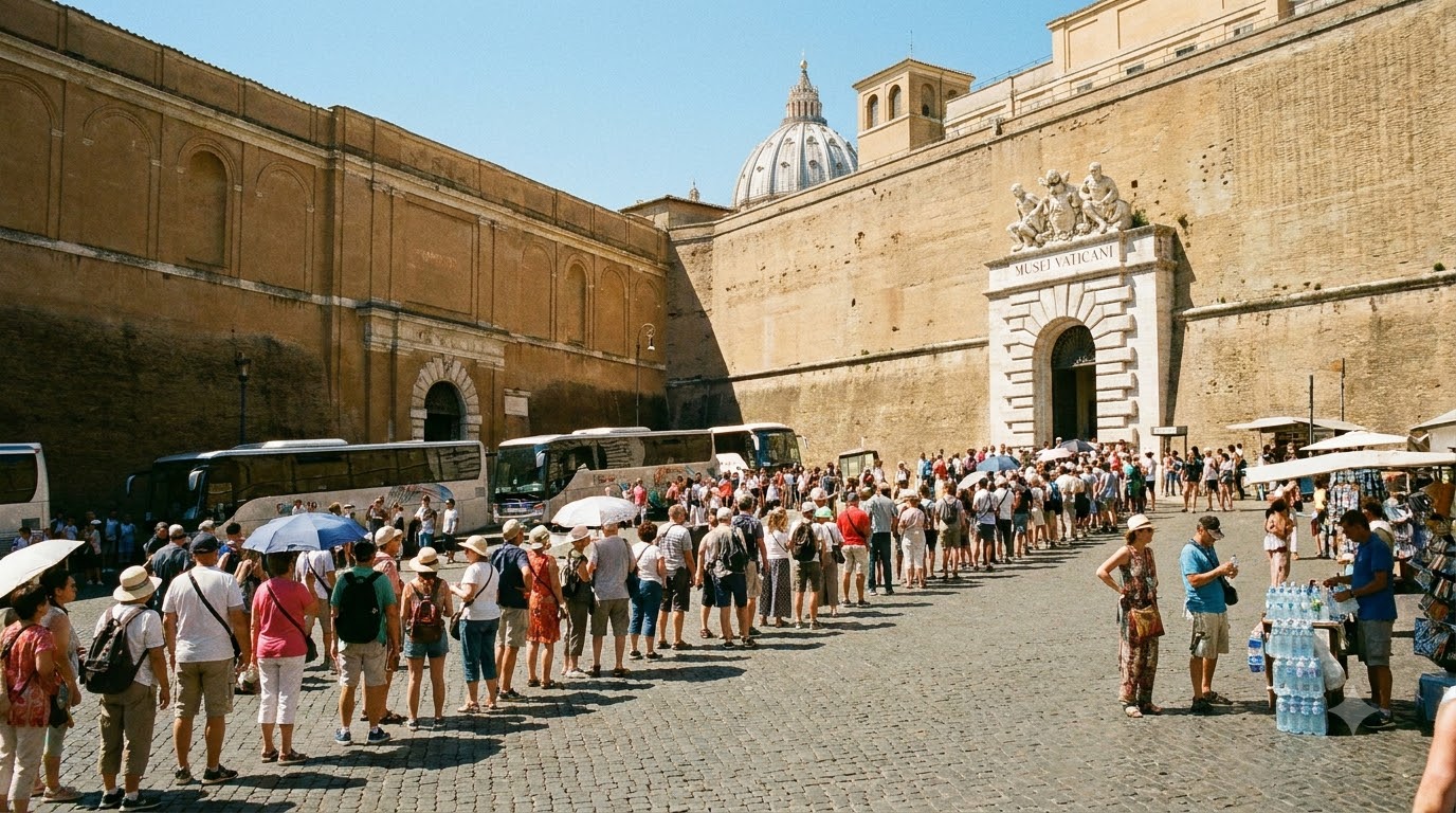 Vatican Museums grand entrance with long queue of tourists waiting outside