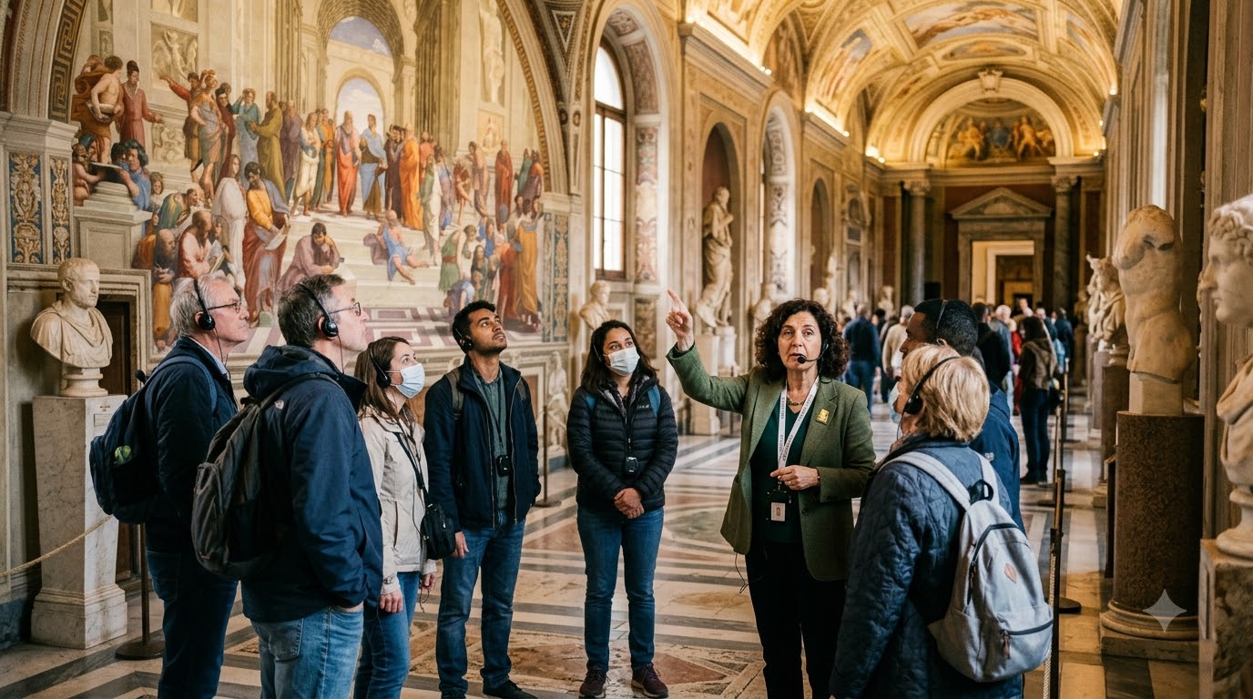 Vatican Museums guided tour group with audio headsets listening to guide